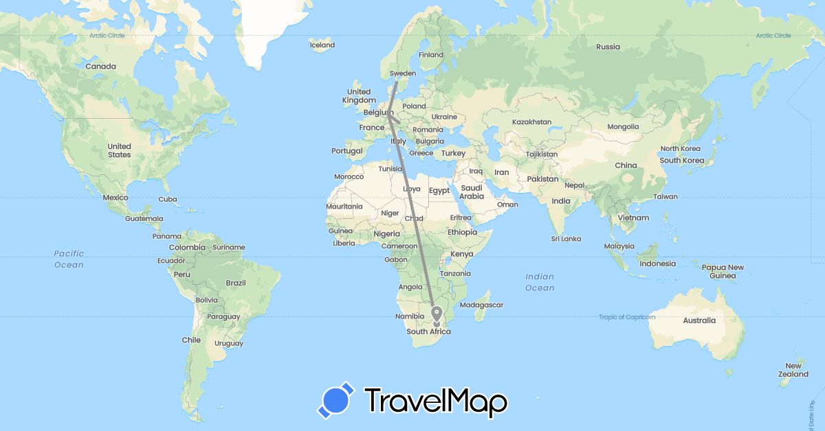 TravelMap itinerary: plane in Austria, Germany, Sweden, South Africa (Africa, Europe)