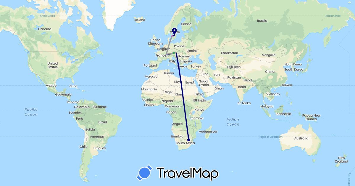 TravelMap itinerary: driving, bus, plane, train in Austria, Switzerland, Sweden, South Africa (Africa, Europe)
